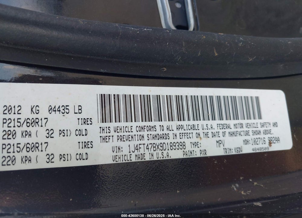 2009 JEEP COMPASS VIN: 1J4FT47BX9D189398
