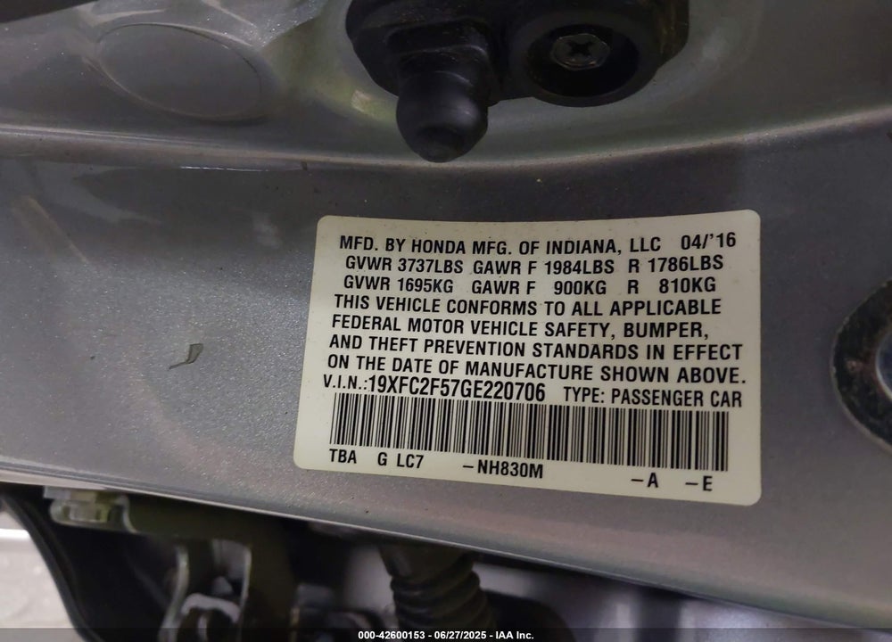 2016 HONDA CIVIC VIN: 19XFC2F57GE220706