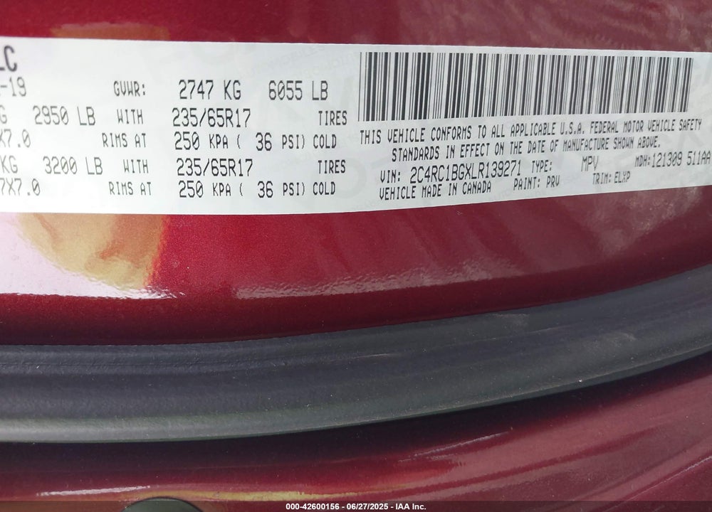 2020 CHRYSLER PACIFICA TOURING L VIN: 2C4RC1BGXLR139271