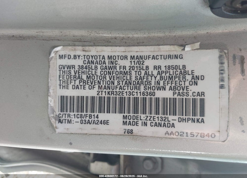2003 TOYOTA MATRIX/XR VIN: 2T1KR32E13C116360