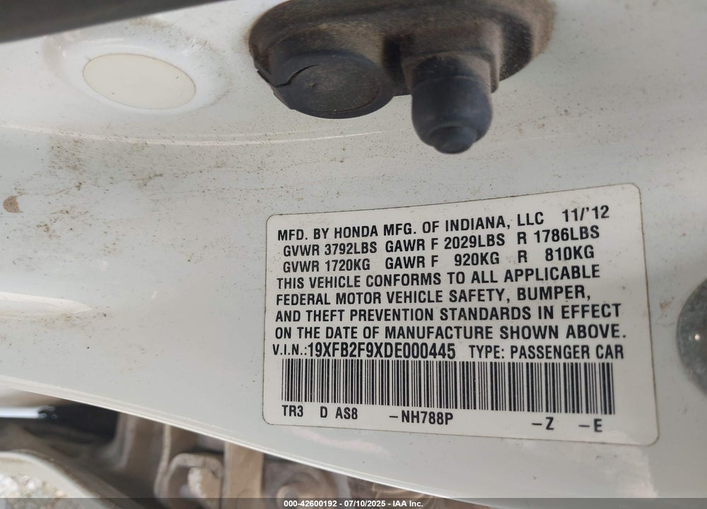2013 HONDA CIVIC VIN: 19XFB2F9XDE000445