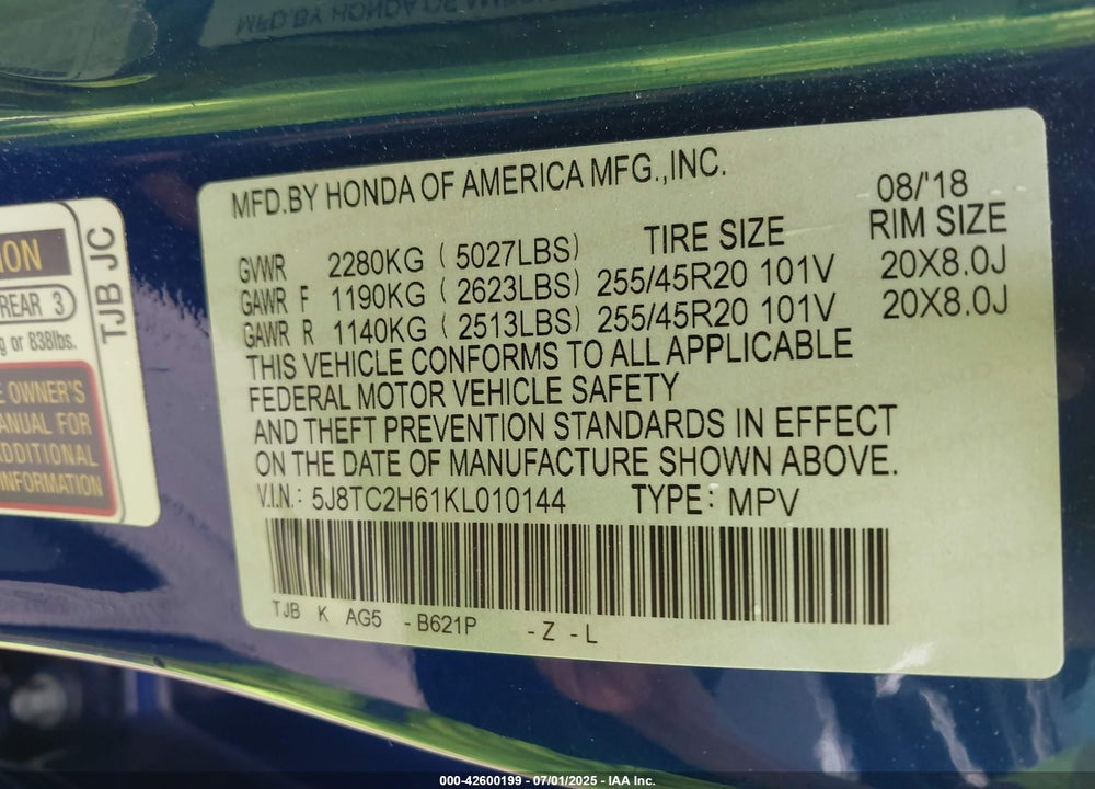 2019 ACURA RDX VIN: 5J8TC2H61KL010144