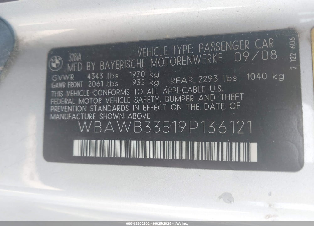 2009 BMW 328I VIN: WBAWB33519P136121