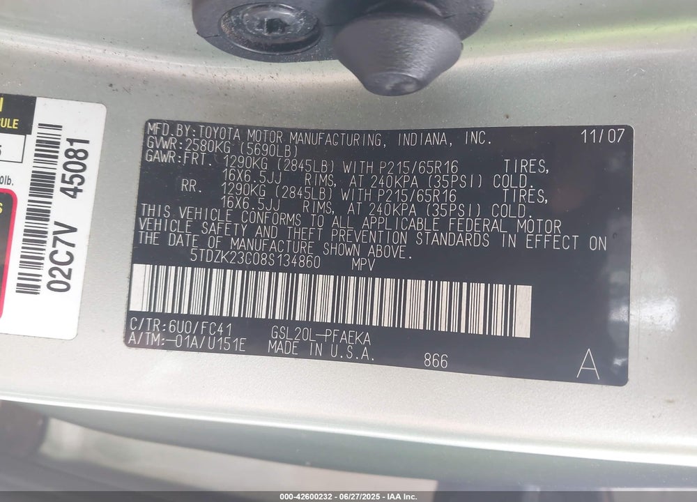 2008 TOYOTA SIENNA LE VIN: 5TDZK23C08S134860