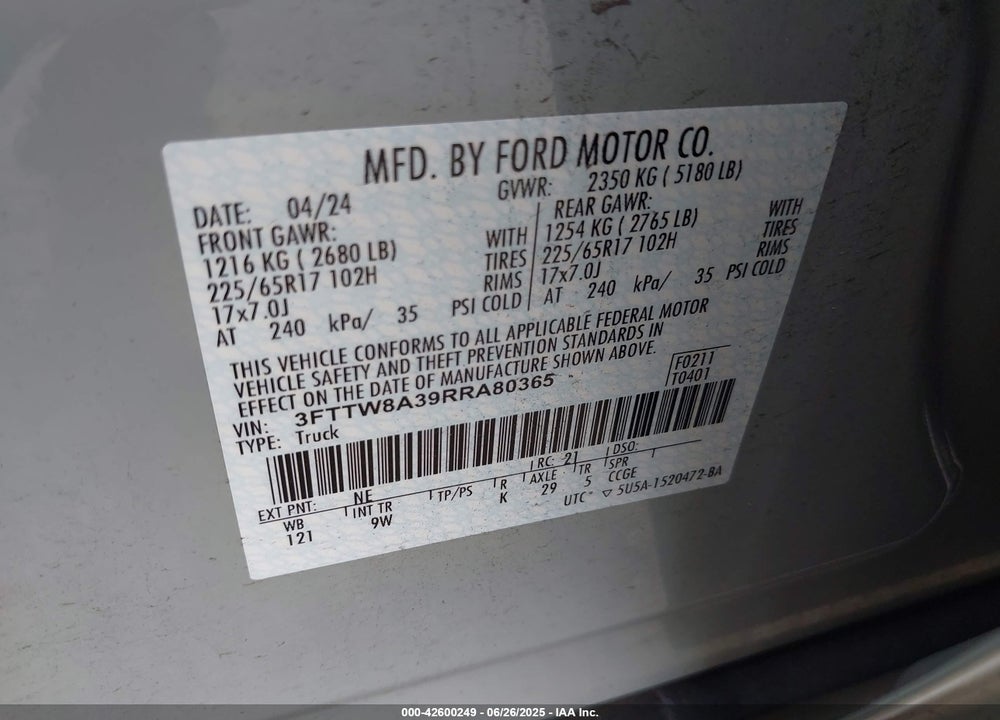 2024 FORD MAVERICK VIN: 3FTTW8A39RRA80365