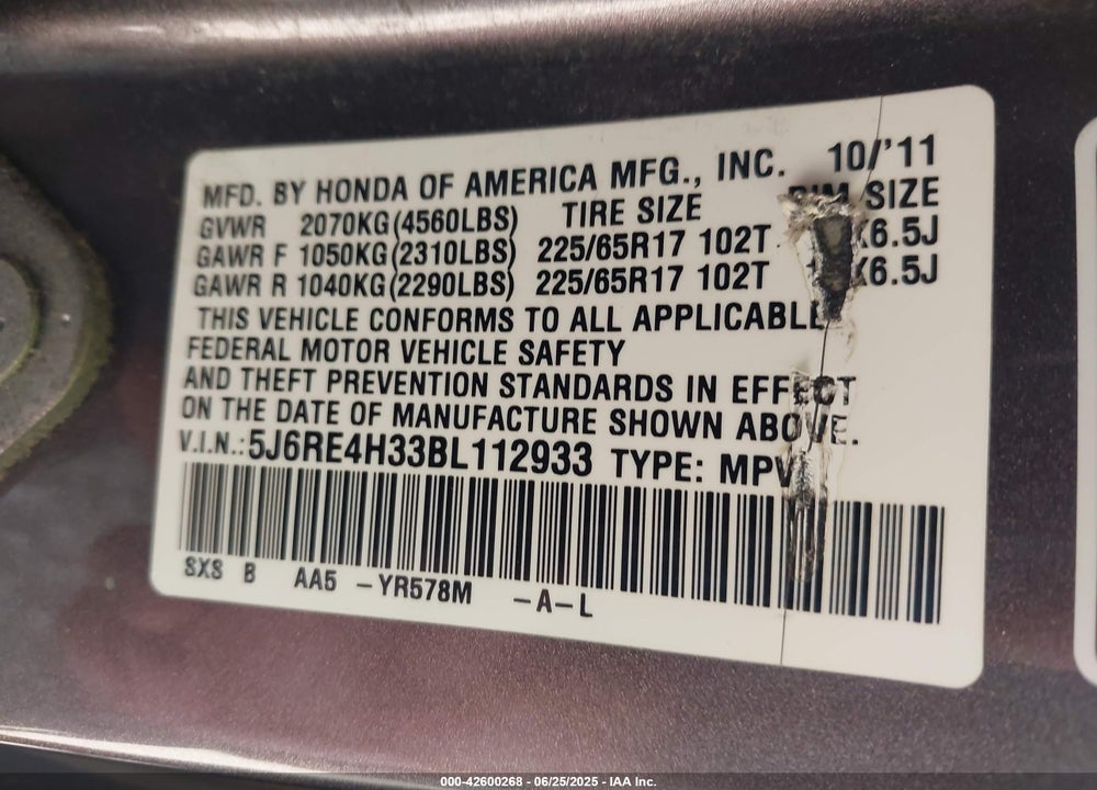 2011 HONDA CR-V VIN: 5J6RE4H33BL112933