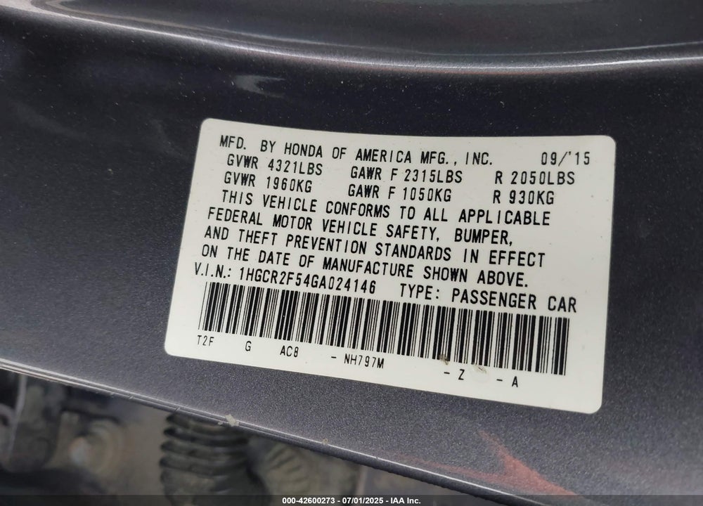 2016 HONDA ACCORD VIN: 1HGCR2F54GA024146