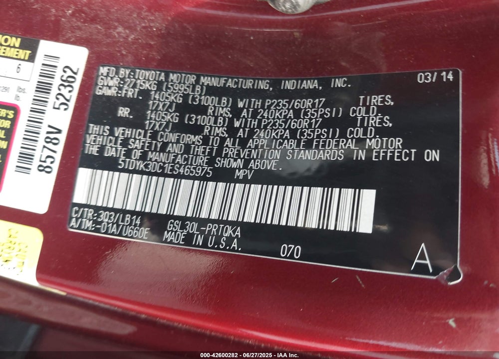 2014 TOYOTA SIENNA VIN: 5TDYK3DC1ES465975