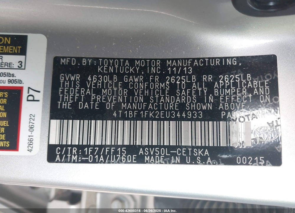 2014 TOYOTA CAMRY VIN: 4T1BF1FK2EU344933
