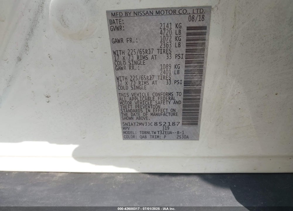 2018 NISSAN ROGUE SV VIN: 5N1AT2MV3JC852187