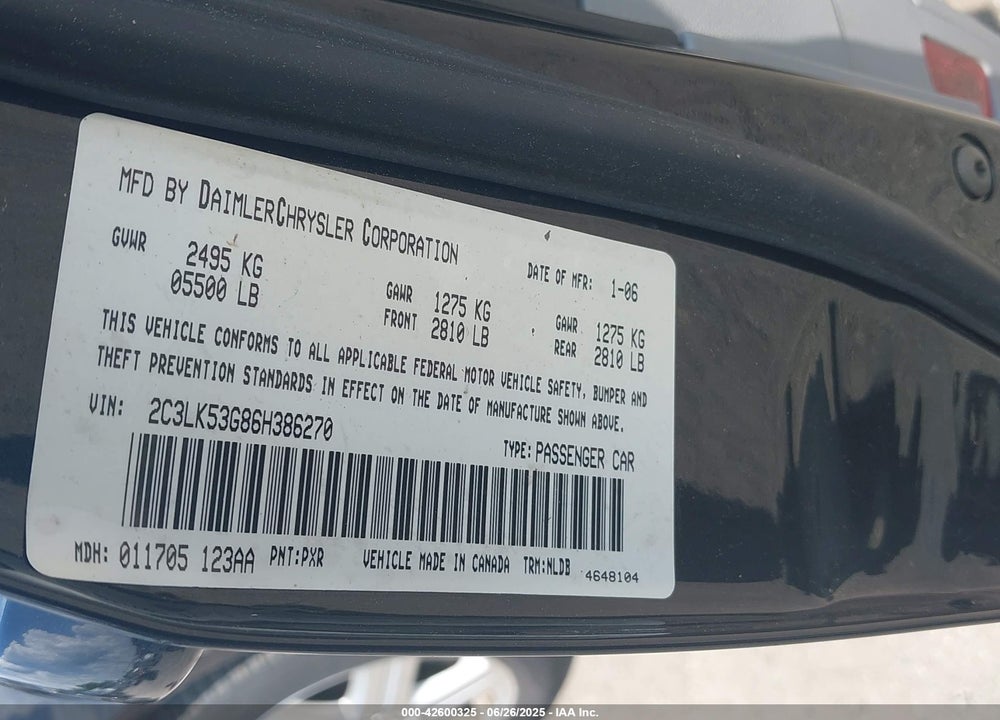 2006 CHRYSLER 300 TOURING VIN: 2C3LK53G86H386270