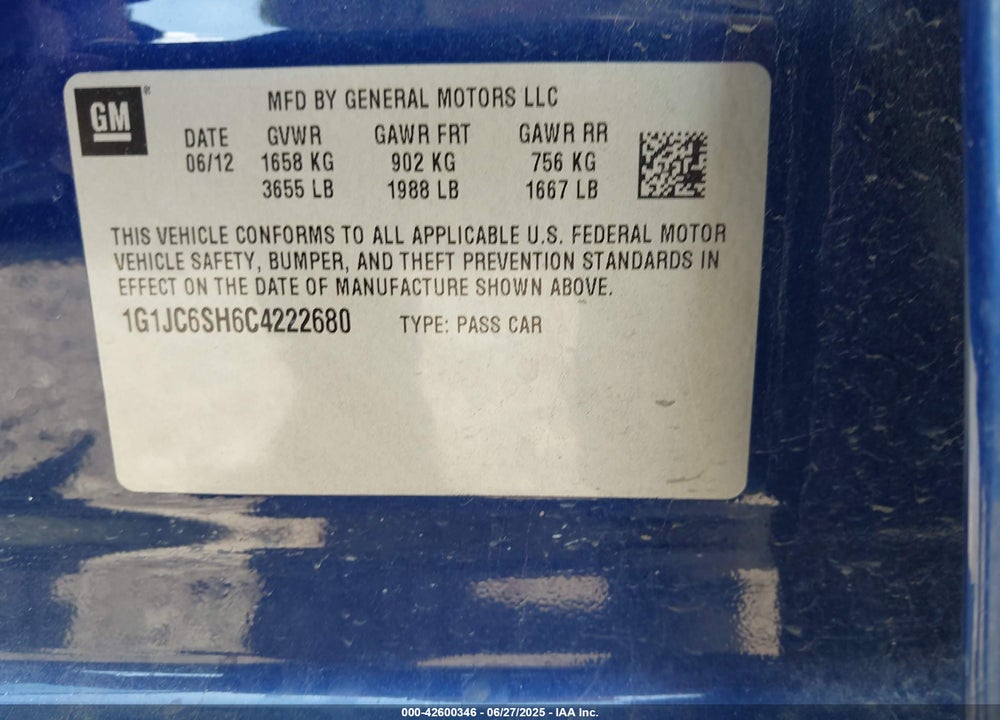 2012 CHEVROLET SONIC VIN: 1G1JC6SH6C4222680
