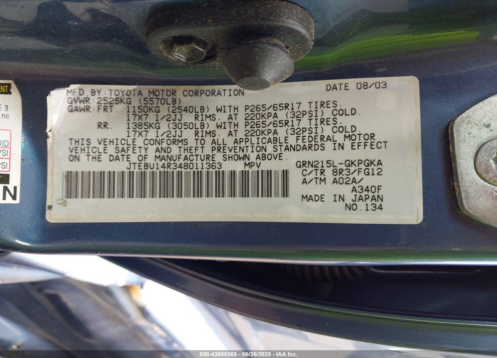 2004 TOYOTA 4RUNNER SR5 V6 VIN: JTEBU14R348011363