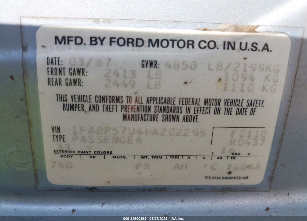 1987 FORD TAURUS GL VIN: 1FABP57U4HA202295