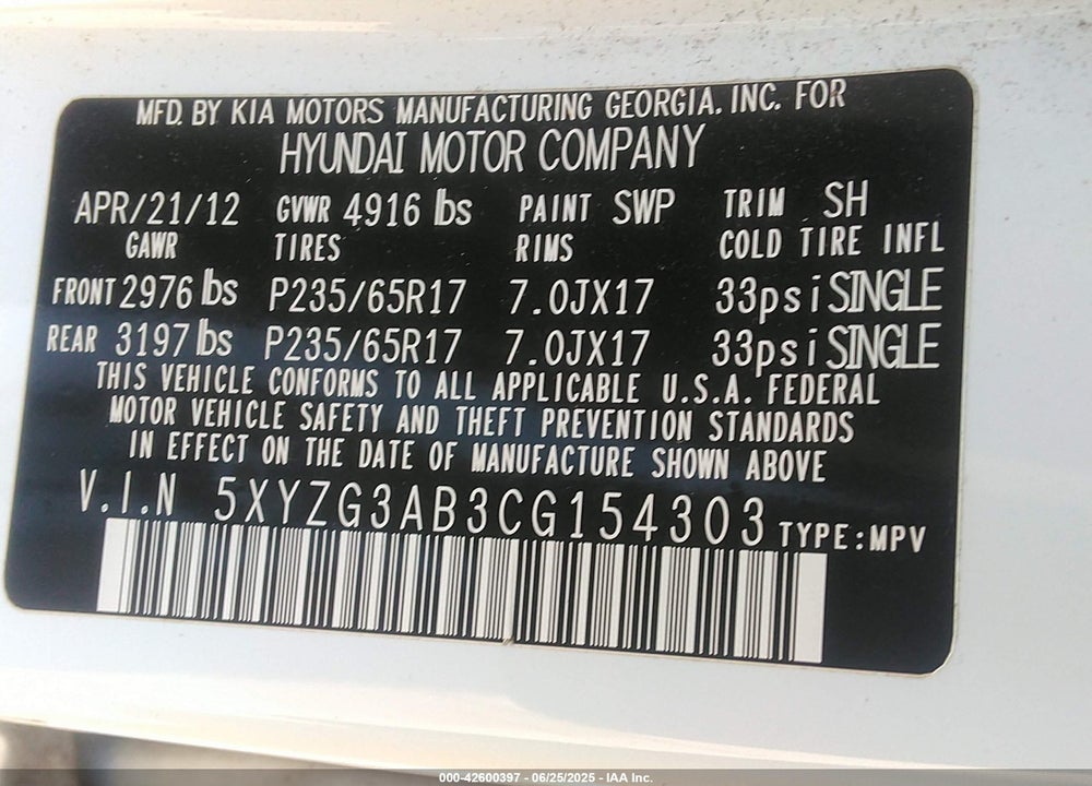 2012 HYUNDAI SANTA FE VIN: 5XYZG3AB3CG154303