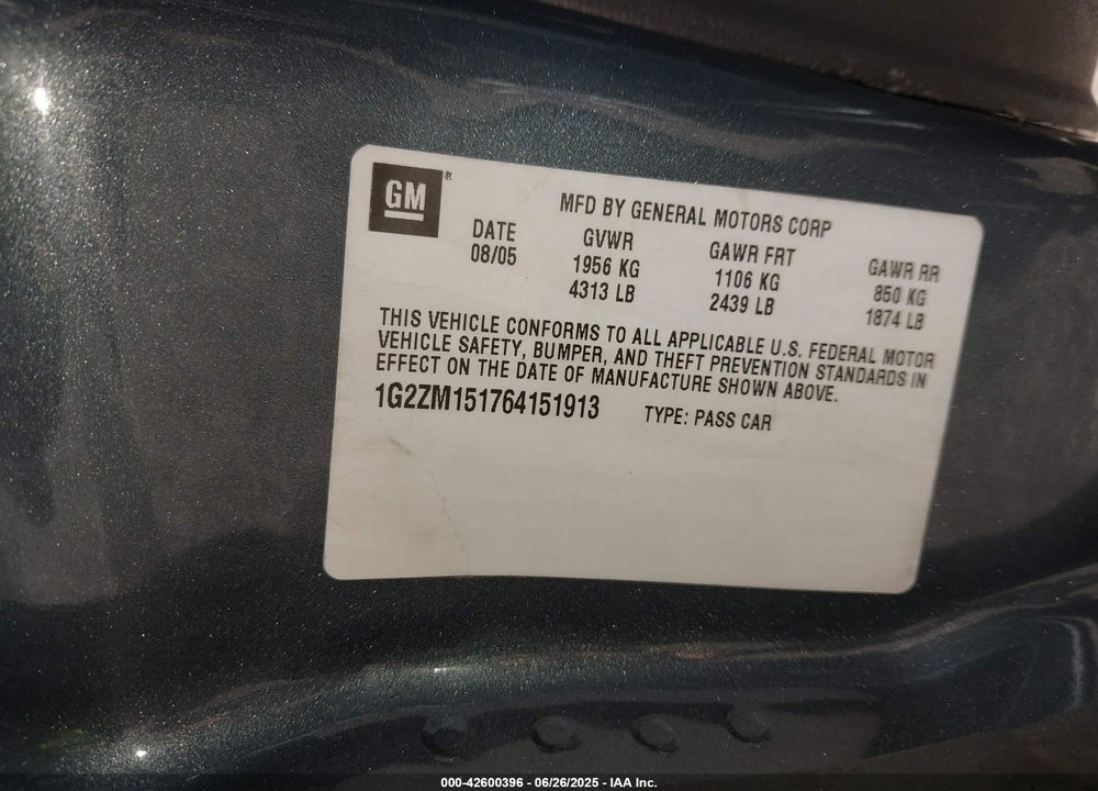 2006 PONTIAC G6 VIN: 1G2ZM151764151913