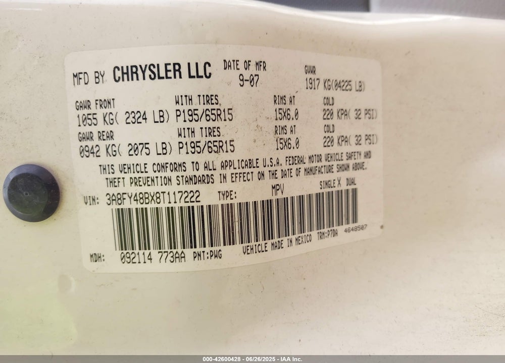 2008 CHRYSLER PT CRUISER LX VIN: 3A8FY48BX8T117222