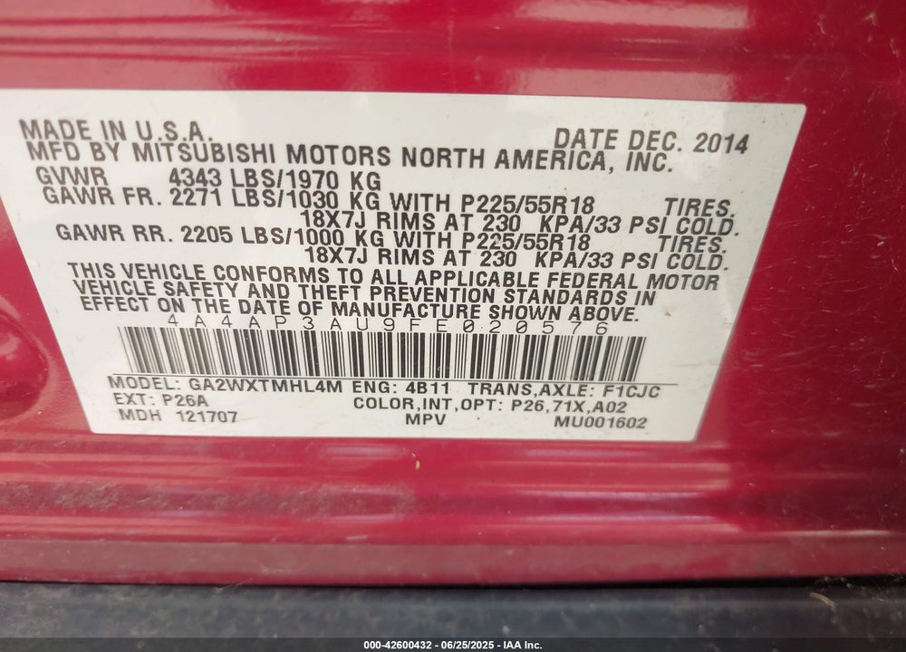 2015 MITSUBISHI OUTLANDER SPORT ES VIN: 4A4AP3AU9FE020576