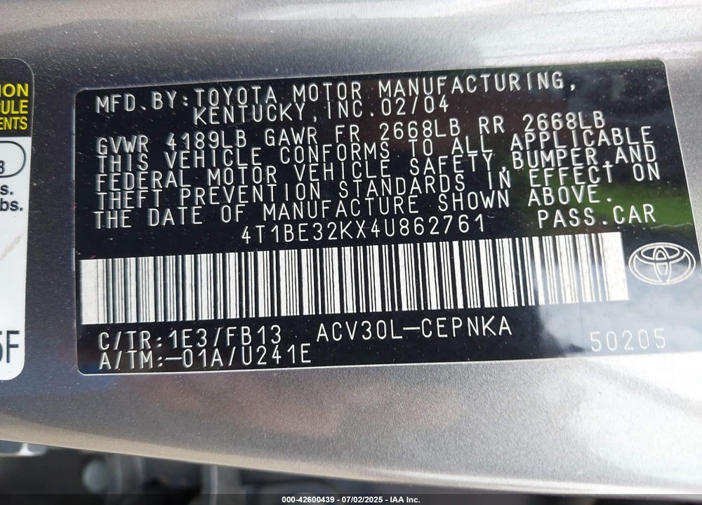 2004 TOYOTA CAMRY VIN: 4T1BE32KX4U862761