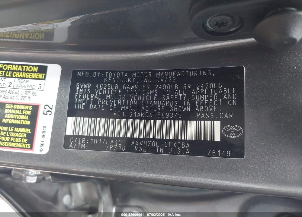 2022 TOYOTA CAMRY VIN: 4T1F31AK0NU589375