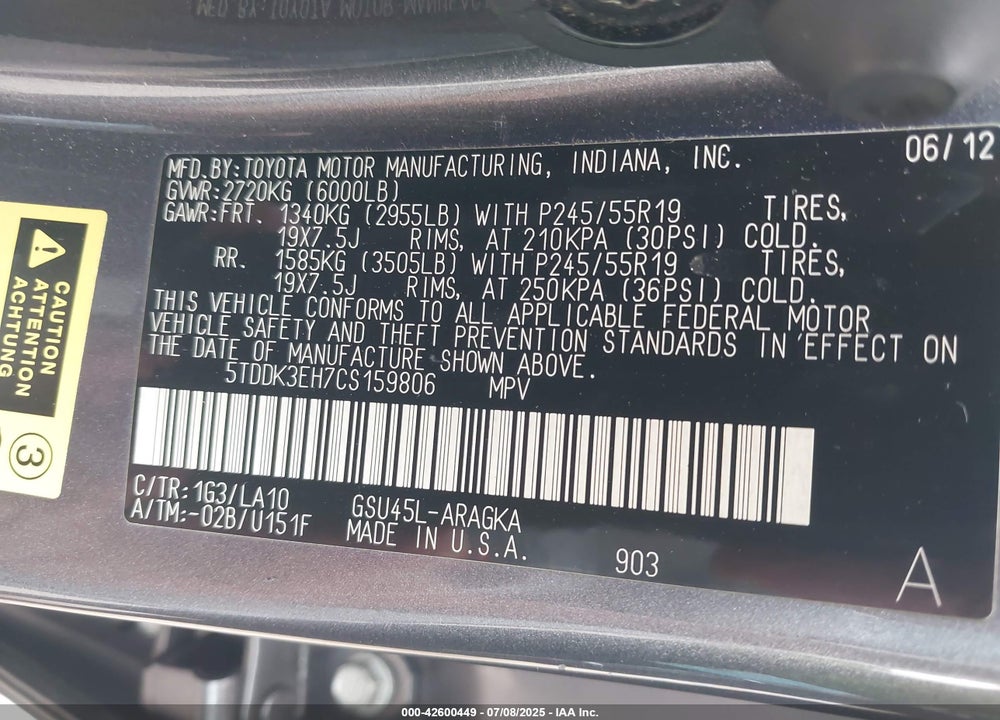 2012 TOYOTA HIGHLANDER VIN: 5TDDK3EH7CS159806