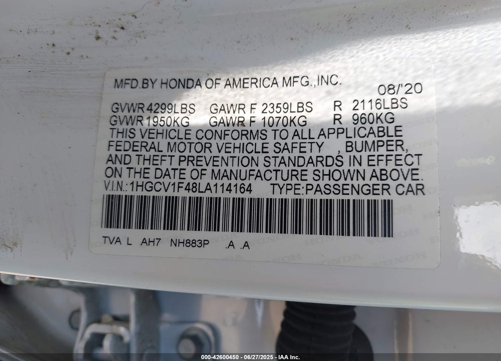 2020 HONDA ACCORD VIN: 1HGCV1F48LA114164
