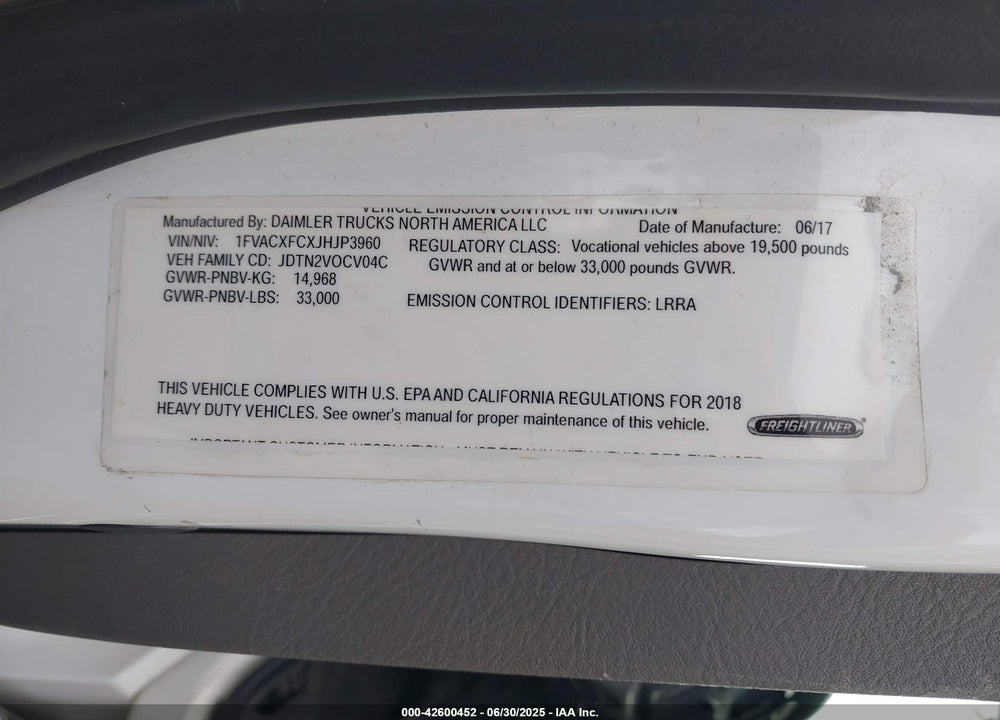 2018 FREIGHTLINER M2 106 VIN: 1FVACXFCXJHJP3960