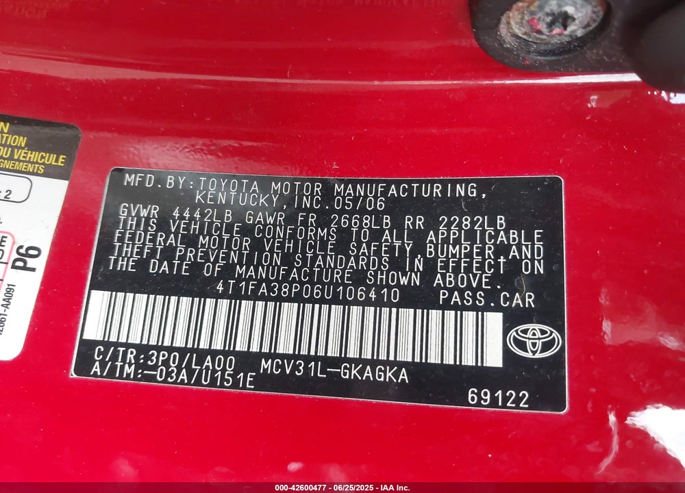 2006 TOYOTA CAMRY VIN: 4T1FA38P06U106410
