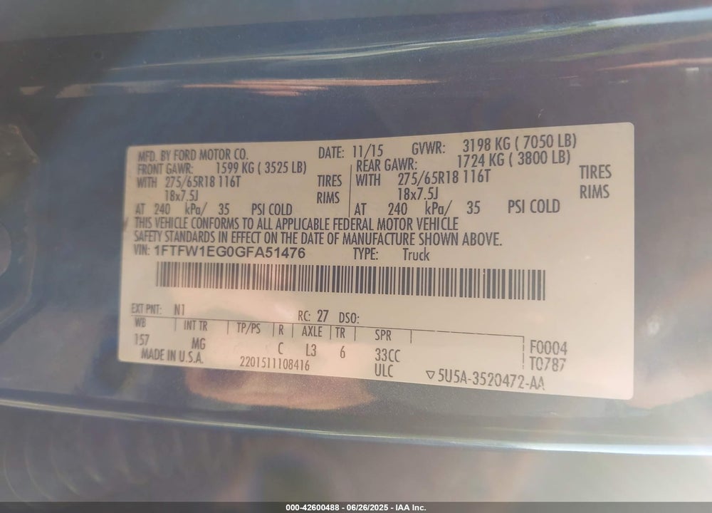 2016 FORD F-150 VIN: 1FTFW1EG0GFA51476