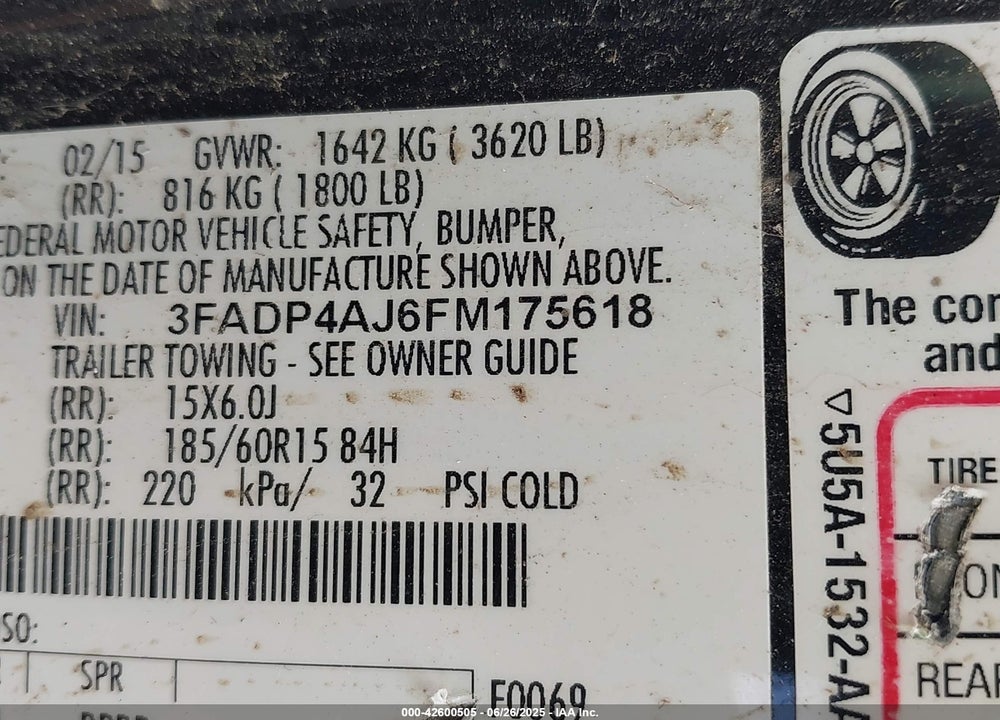 2015 FORD FIESTA VIN: 3FADP4AJ6FM175618