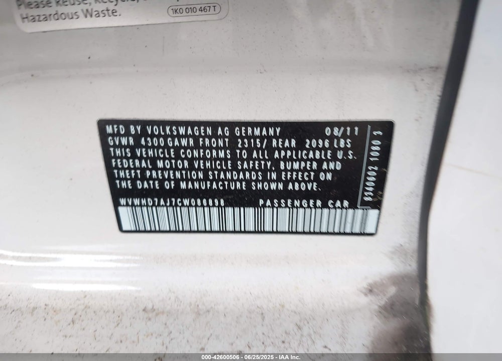 2012 VOLKSWAGEN GTI VIN: WVWHD7AJ7CW086898