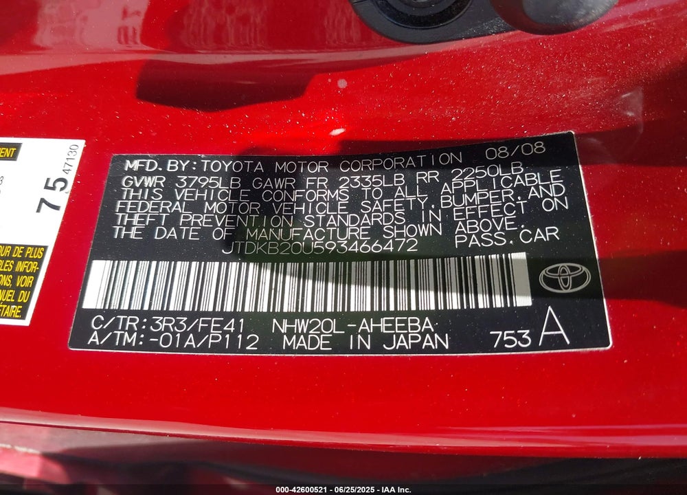 2009 TOYOTA PRIUS VIN: JTDKB20U593466472