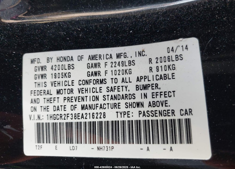 2014 HONDA ACCORD VIN: 1HGCR2F38EA216228