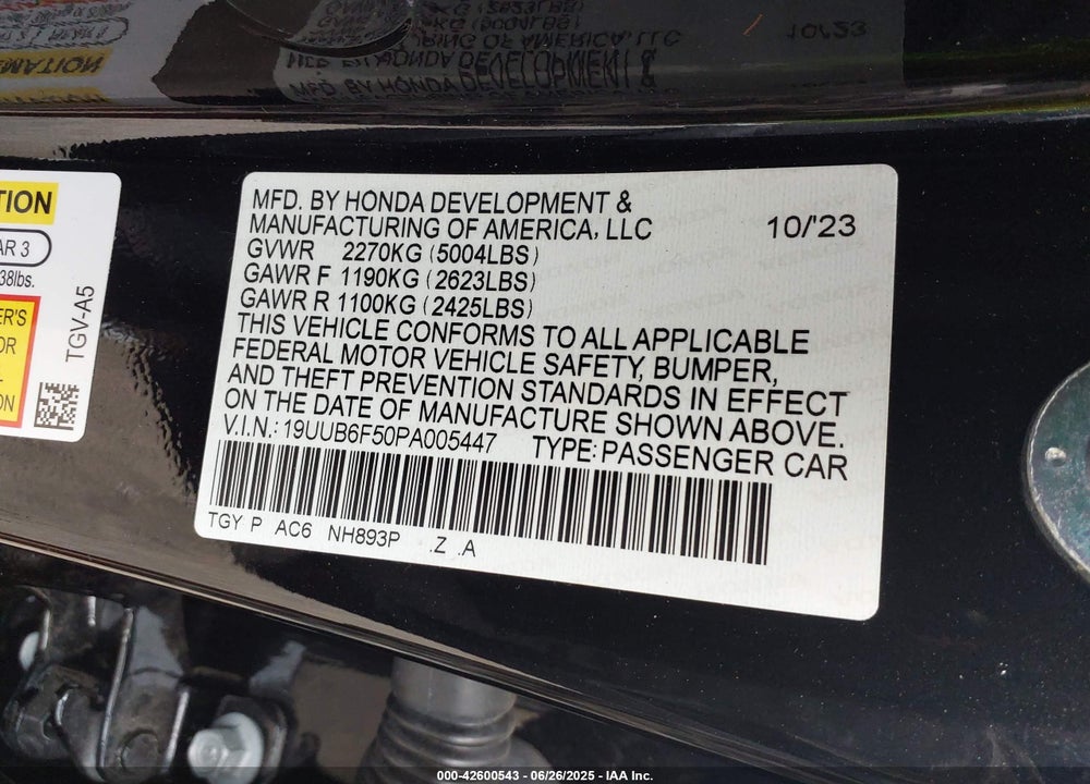 2023 ACURA TLX A-SPEC PACKAGE VIN: 19UUB6F50PA005447