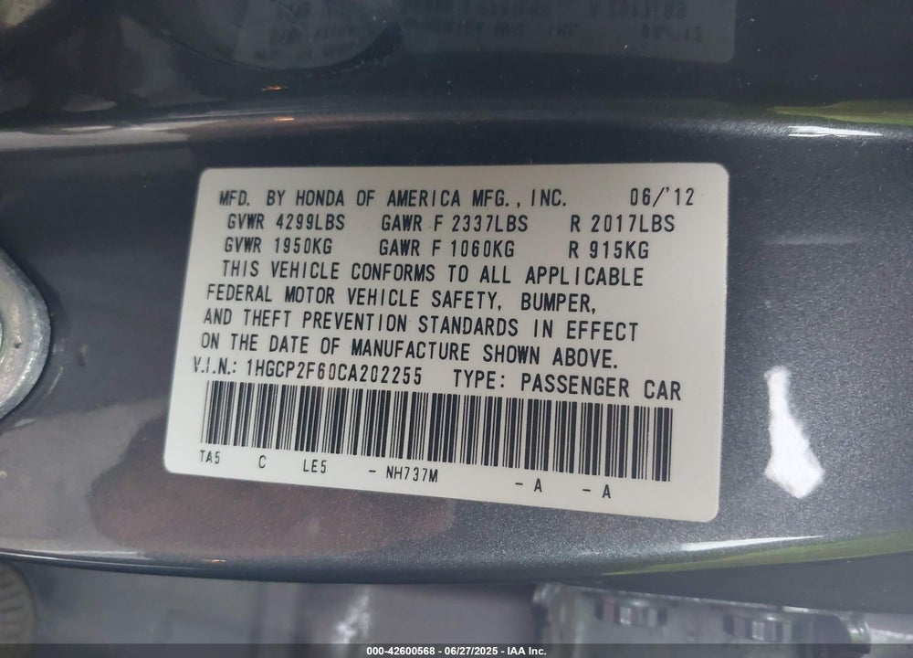 2012 HONDA ACCORD VIN: 1HGCP2F60CA202255