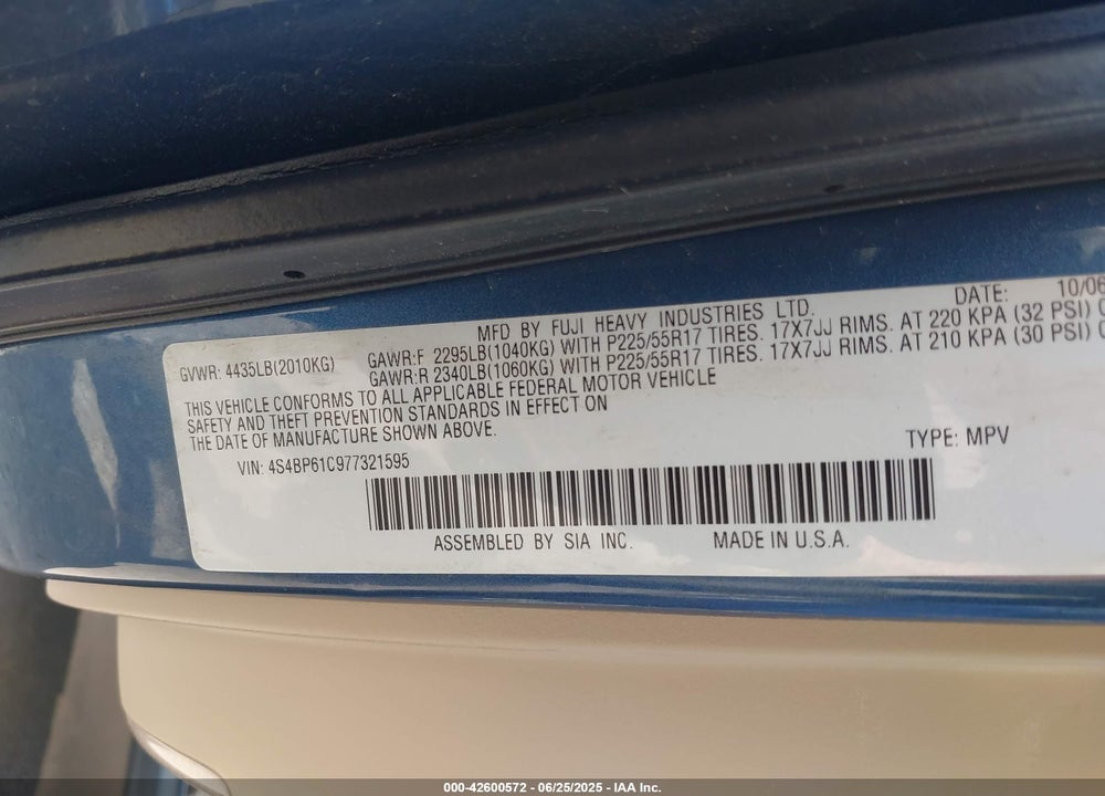 2007 SUBARU OUTBACK VIN: 4S4BP61C977321595