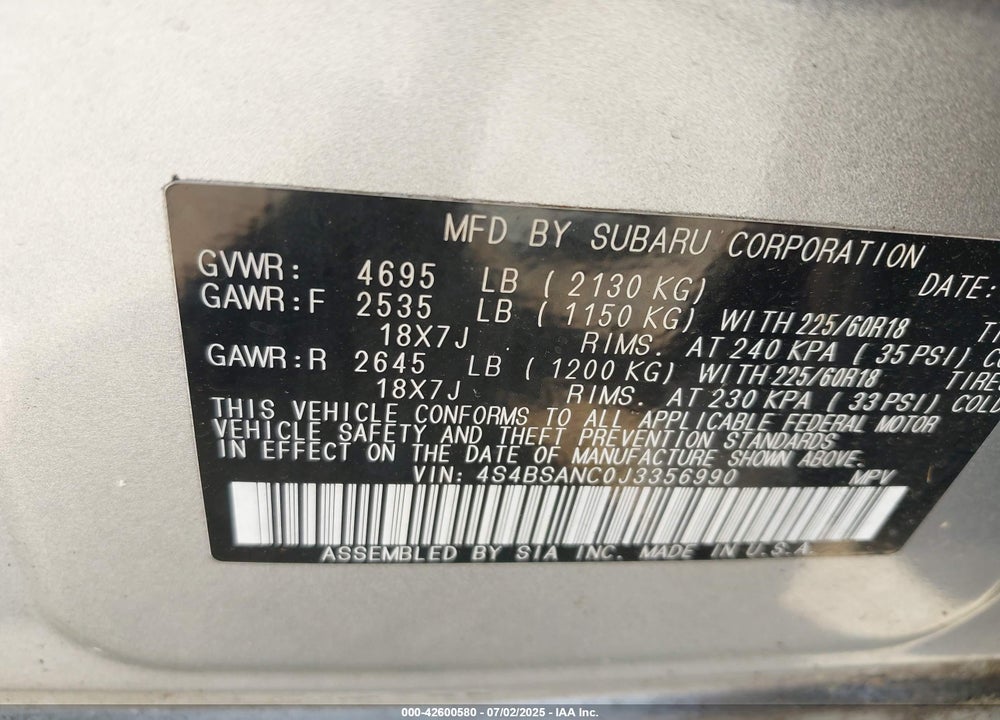 2018 SUBARU OUTBACK VIN: 4S4BSANC0J3356990