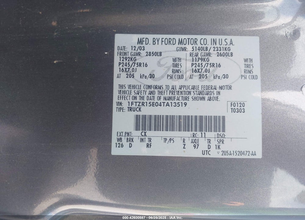 2004 FORD RANGER XLT VIN: 1FTZR15E04TA13519