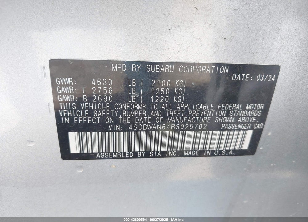 2024 SUBARU LEGACY LIMITED VIN: 4S3BWAN64R3025702