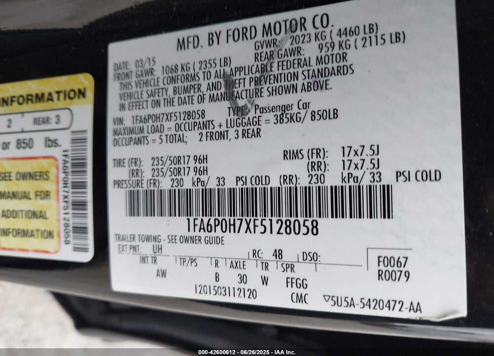 2015 FORD FUSION VIN: 1FA6P0H7XF5128058