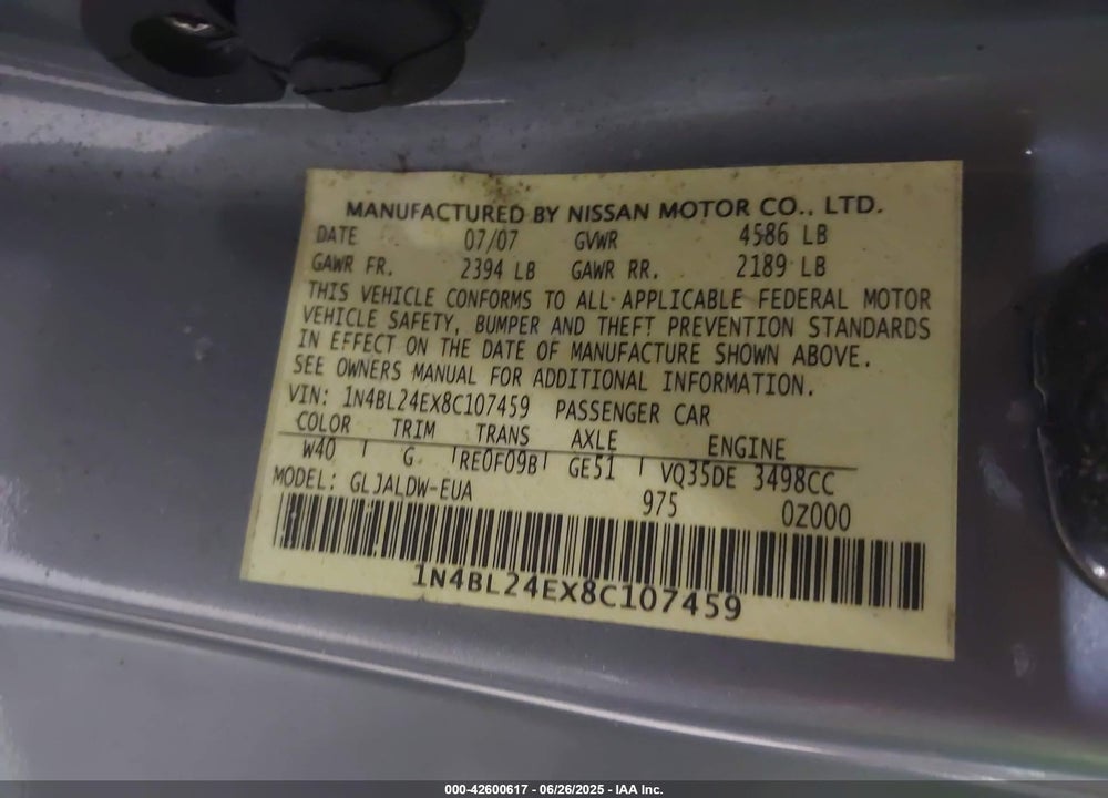 2008 NISSAN ALTIMA 3.5 SE VIN: 1N4BL24EX8C107459