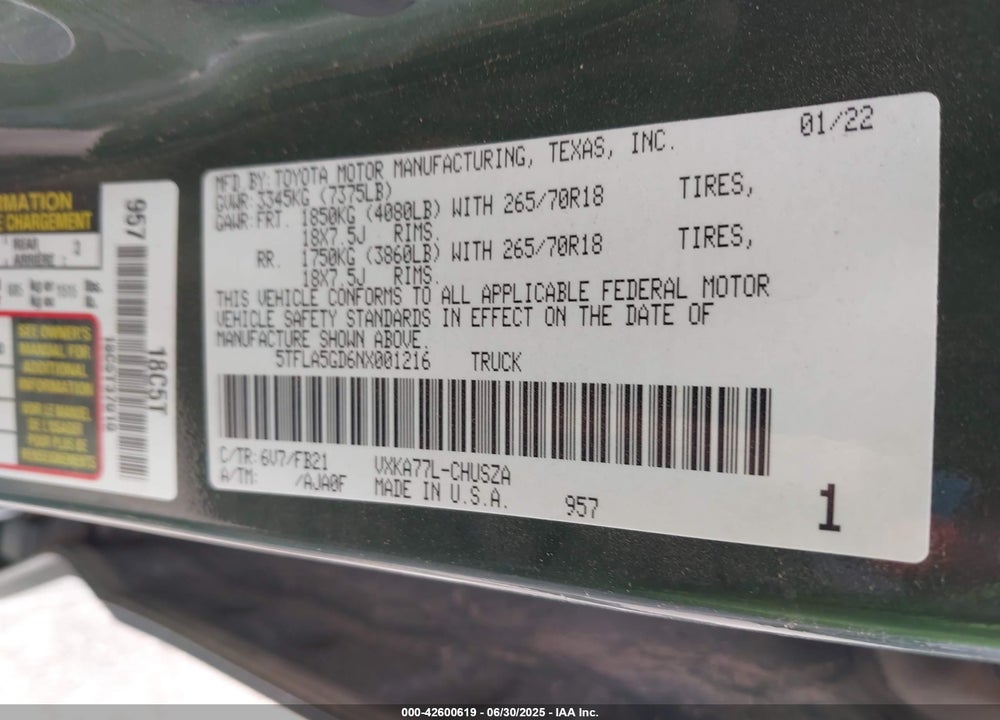 2022 TOYOTA TUNDRA VIN: 5TFLA5GD6NX001216