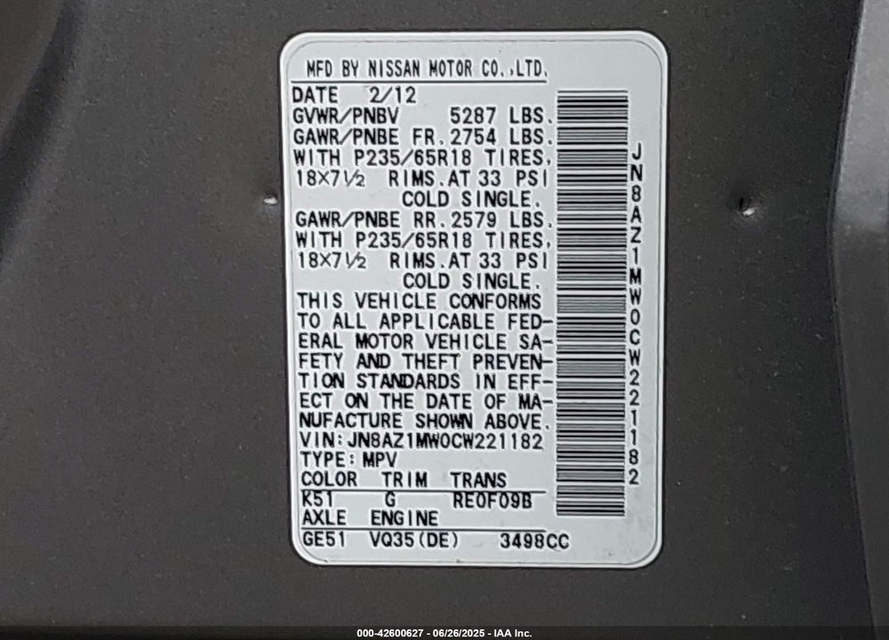 2012 NISSAN MURANO SL VIN: JN8AZ1MW0CW221182