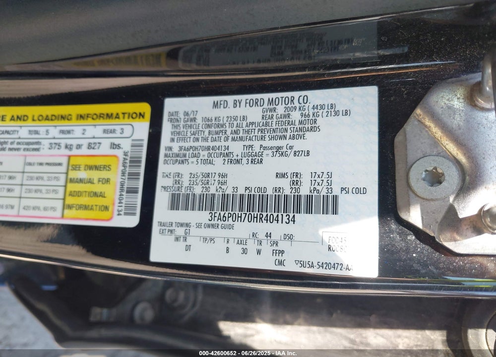 2017 FORD FUSION VIN: 3FA6P0H70HR404134