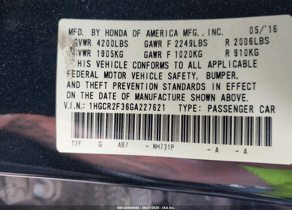 2016 HONDA ACCORD VIN: 1HGCR2F36GA227621