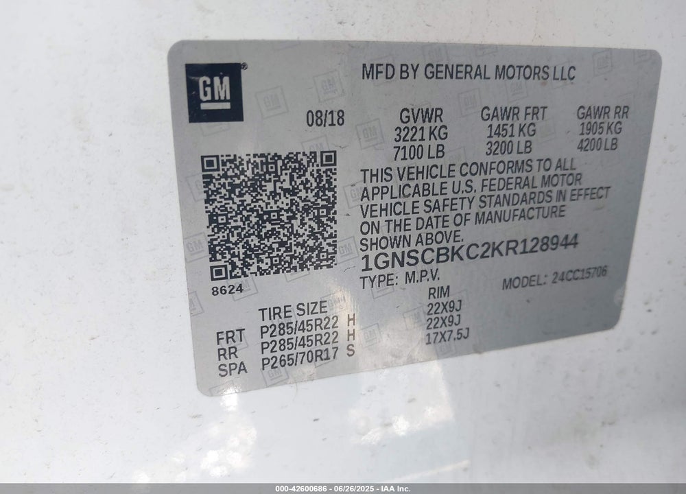 2019 CHEVROLET TAHOE VIN: 1GNSCBKC2KR128944