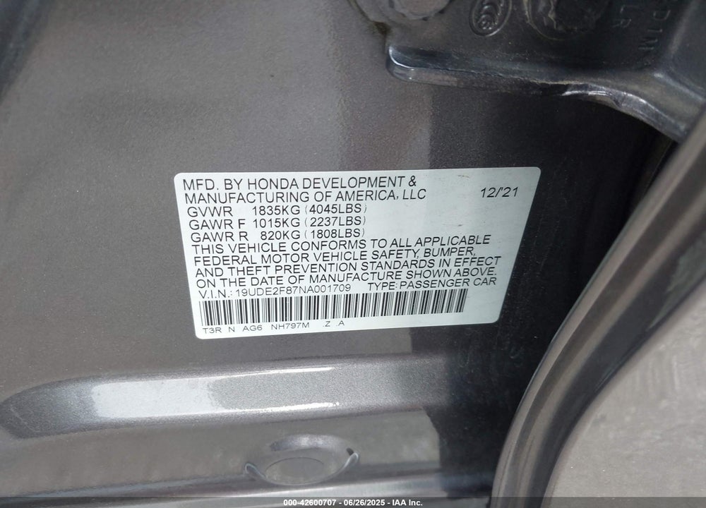 2022 ACURA ILX VIN: 19UDE2F87NA001709