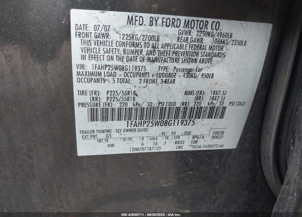 2008 FORD TAURUS VIN: 1FAHP25W08G119375