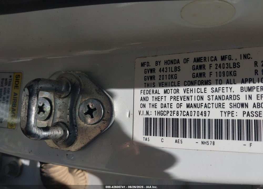 2012 HONDA ACCORD VIN: 1HGCP2F87CA070497