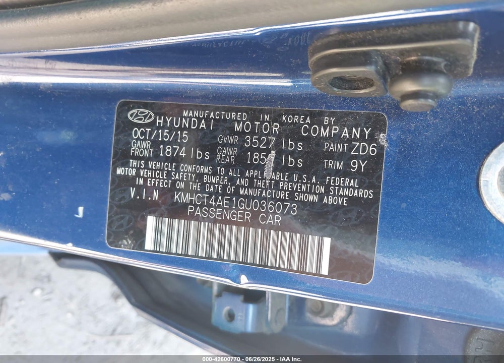 2016 HYUNDAI ACCENT VIN: KMHCT4AE1GU036073